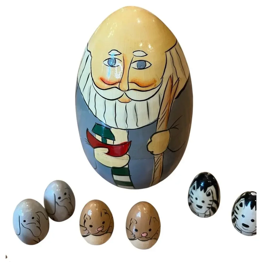 Vintage Terry's Village Hand Painted Noah's Ark Nesting Doll W/ 10 Egg Animals